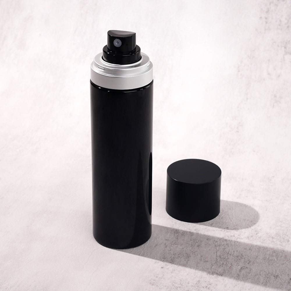 SETTING SPRAY matte waterproof long lasting makeup black bottle silver circle