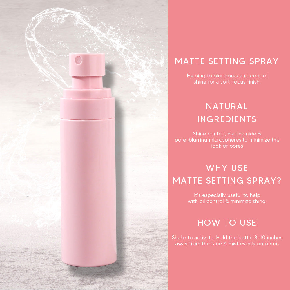 SETTING SPRAY matte 60ml waterproof long lasting makeup vegan pink bottle