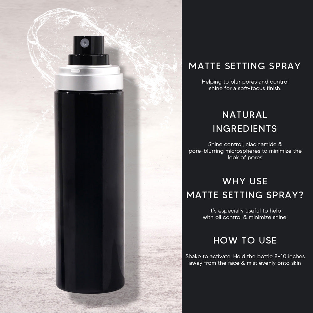 SETTING SPRAY matte waterproof long lasting makeup black bottle silver circle