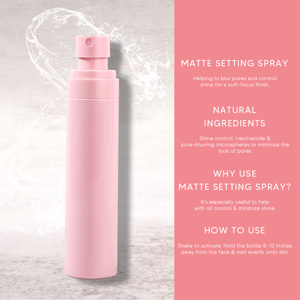 SETTING SPRAY matte 100ml waterproof long lasting makeup vegan pink bottle